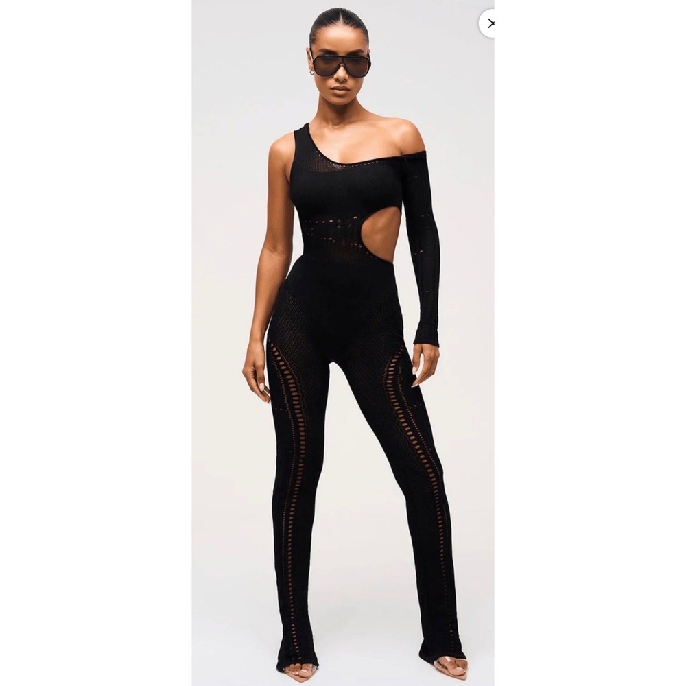 MURCI Panther Black One Shoulder Cut Out Knitted Jumpsuit Size M Bootcut Flare